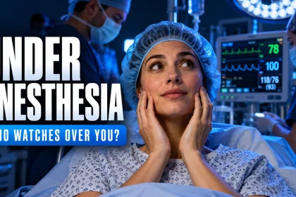 Patient awaiting surgery with a care team and monitor in the background; image asks who watches over patients under anesthesia.