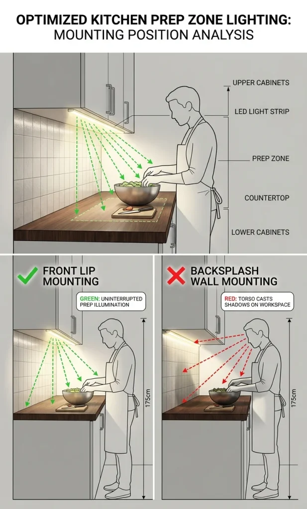 Technical diagram comparing correct front-edge under-cabinet light placement versus incorrect wall placement.
