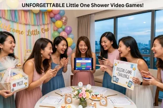A joyful group of diverse women, including one woman who is pregnant, celebrate a 'Little One Shower' (baby shower) in Singapore, laughing and playing a 'Digital Game Challenge' on a tablet and smartphones. The scene is full of pastel balloons, decorations, and treats. One woman claps, another points, and one holds up a card about the game, with a 'prize' basket.