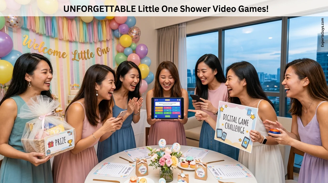 A joyful group of diverse women, including one woman who is pregnant, celebrate a 'Little One Shower' (baby shower) in Singapore, laughing and playing a 'Digital Game Challenge' on a tablet and smartphones. The scene is full of pastel balloons, decorations, and treats. One woman claps, another points, and one holds up a card about the game, with a 'prize' basket.