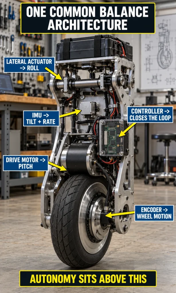 Cutaway of a single-wheel robot labeling the drive motor, lateral actuator, IMU, encoder, and controller and the job each performs.