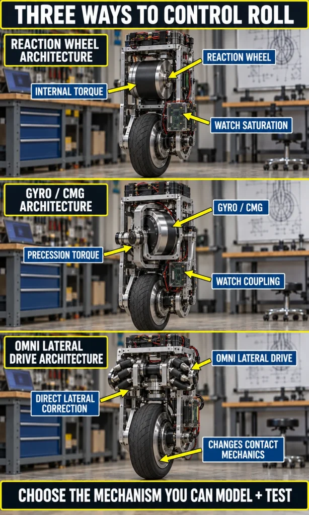 Three-panel comparison of reaction-wheel, gyroscope or CMG, and omnidirectional lateral-drive approaches for balancing a single-wheel robot.