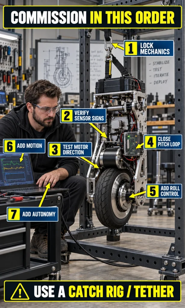 Robotics engineer commissioning a single-wheel robot on a catch rig with seven numbered steps from locking mechanics to adding autonomy.
