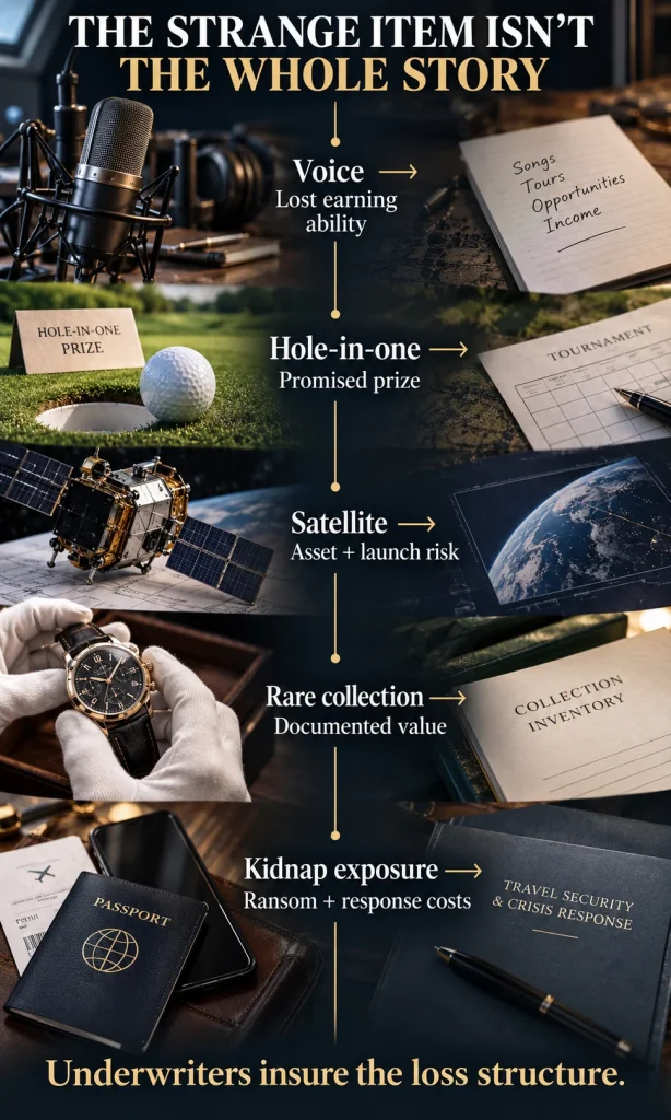 Vertical comparison linking a performer’s voice, a hole-in-one prize, a satellite, a rare collection, and kidnap exposure to the actual financial losses specialty insurance may address.