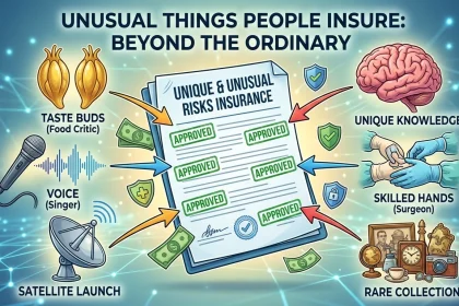 A colorful infographic showing a central insurance policy marked 'APPROVED' with connecting lines to illustrations of unusual insured items: taste buds for a food critic, a singer's voice, a satellite launch, unique knowledge, skilled hands for a surgeon, and a rare collection.