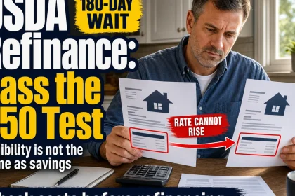 Homeowner compares USDA refinance documents and payment figures while evaluating the Streamlined-Assist $50 monthly benefit requirement.