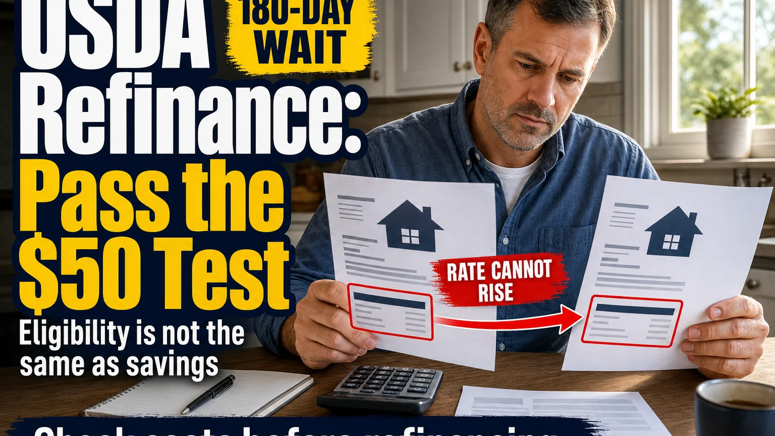 Homeowner compares USDA refinance documents and payment figures while evaluating the Streamlined-Assist $50 monthly benefit requirement.