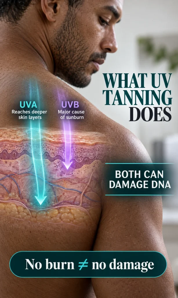 Vertical cutaway illustration over realistic skin showing UVA reaching deeper layers and UVB affecting upper skin, with a shared callout that both can damage DNA.