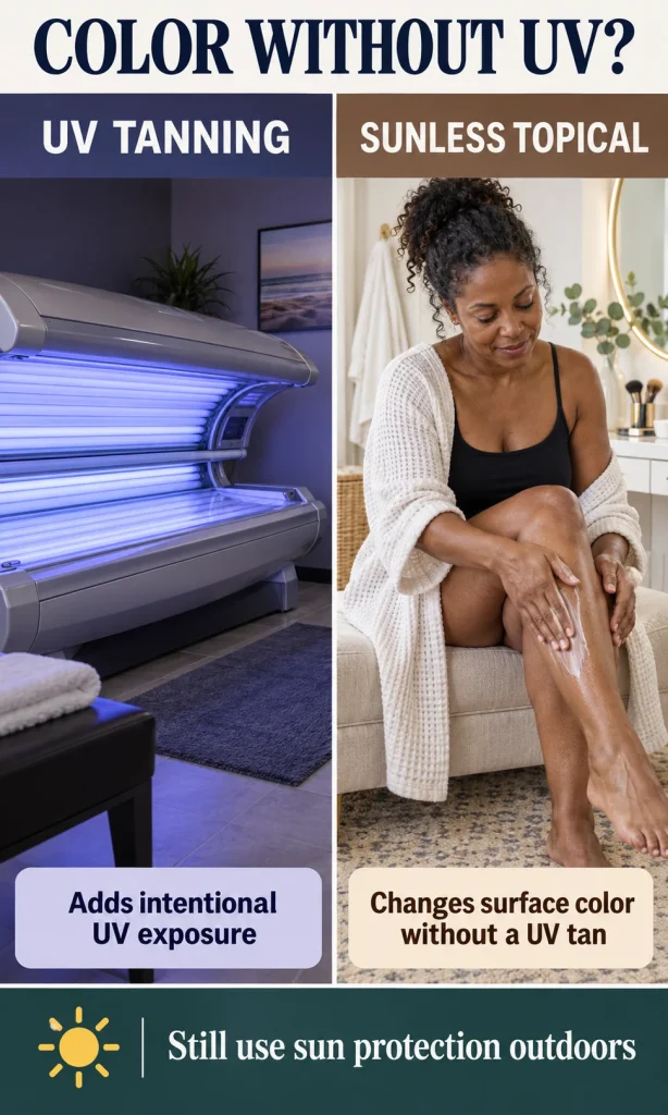 Split comparison showing a UV tanning bed on one side and a sunless topical product being applied on the other, with the non-UV choice identified for cosmetic color.