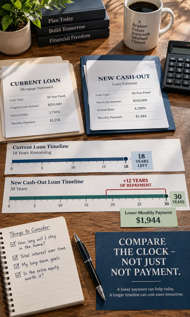 Two mortgage repayment timelines compare the current remaining term with a new 30-year cash-out refinance.