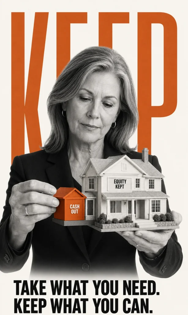 Female homeowner deciding how much home equity to retain rather than taking the maximum VA cash-out amount.
