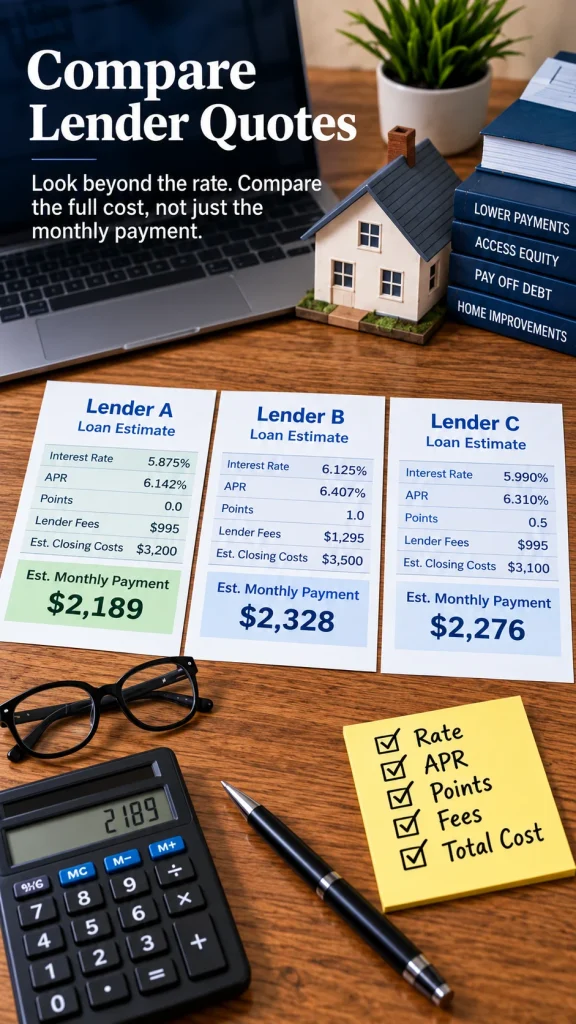 Three illustrative VA cash-out refinance Loan Estimates compared by interest rate, APR, points, lender fees, closing costs and estimated monthly payment.