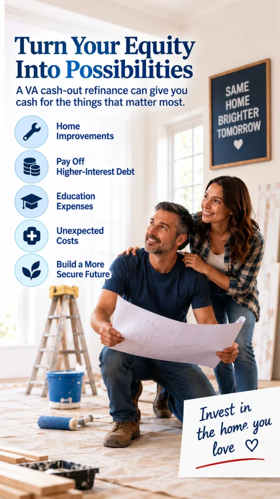 Couple reviewing renovation plans with a list of common VA cash-out refinance uses including home improvements, debt payoff, education costs, unexpected expenses and future financial security.