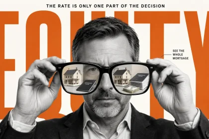 Veteran homeowner examining a VA cash-out refinance through oversized glasses showing cash, mortgage debt and retained home equity.