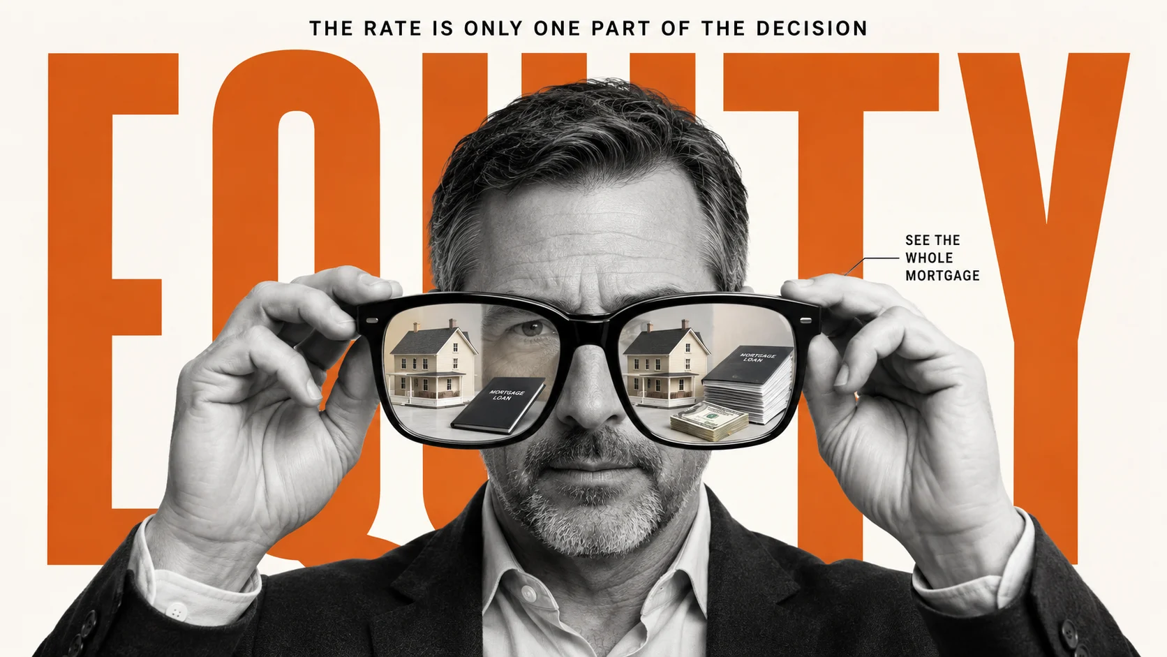 Veteran homeowner examining a VA cash-out refinance through oversized glasses showing cash, mortgage debt and retained home equity.