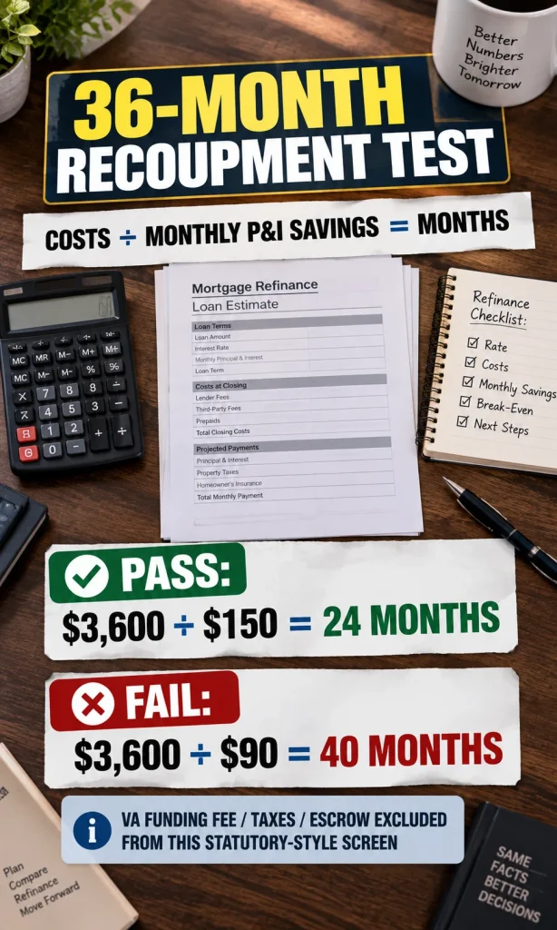 Refinance closing costs divided by monthly principal-and-interest savings to show a VA IRRRL recoupment period of 24 months versus a failing 40-month example