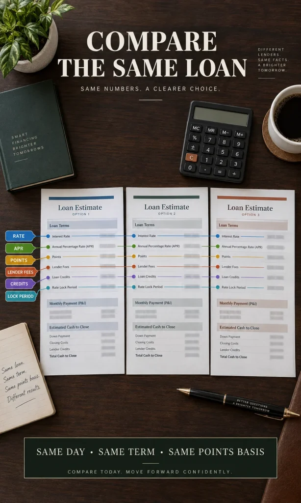 Three refinance Loan Estimates arranged side by side with rate, APR, points, lender fees and cash-to-close sections marked for comparison