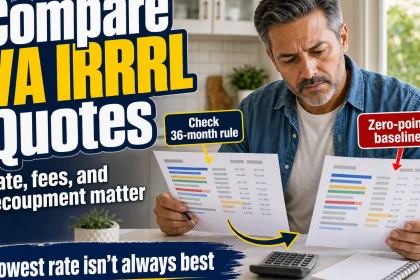 Homeowner compares two VA IRRRL refinance offers at a desk, weighing rates, fees, points, and the recoupment timeline.