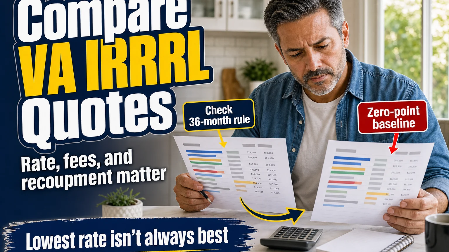 Homeowner compares two VA IRRRL refinance offers at a desk, weighing rates, fees, points, and the recoupment timeline.