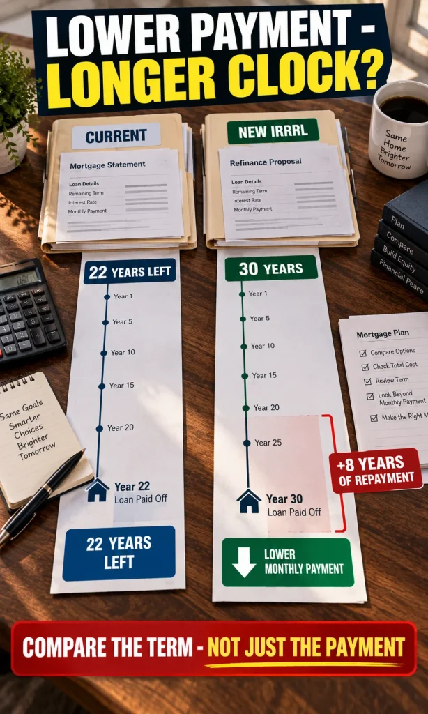 Side-by-side mortgage timelines showing a 22-year remaining loan compared with a new 30-year refinance term and lower monthly payment