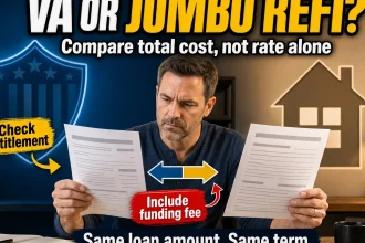 Homeowner compares two large mortgage refinance options at a desk, weighing VA entitlement and funding-fee costs against a conventional jumbo loan.