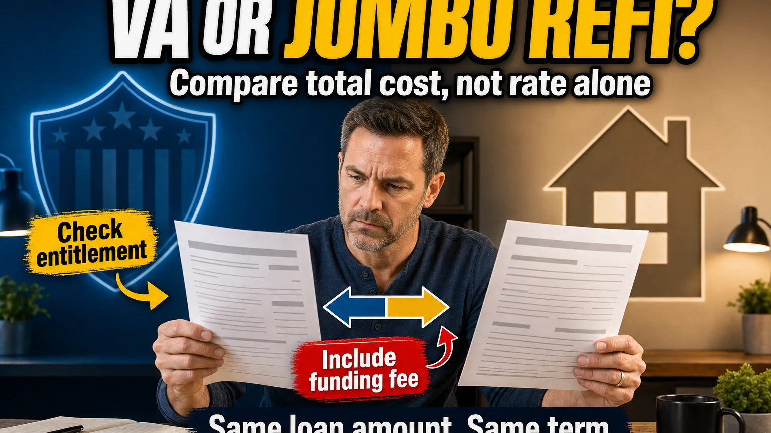 Homeowner compares two large mortgage refinance options at a desk, weighing VA entitlement and funding-fee costs against a conventional jumbo loan.