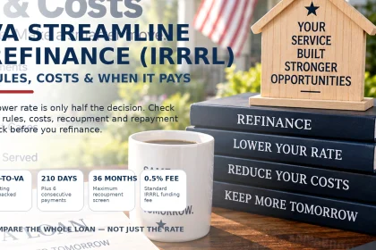 VA Streamline Refinance overview showing IRRRL eligibility, 210-day seasoning, 36-month recoupment and the standard funding fee.