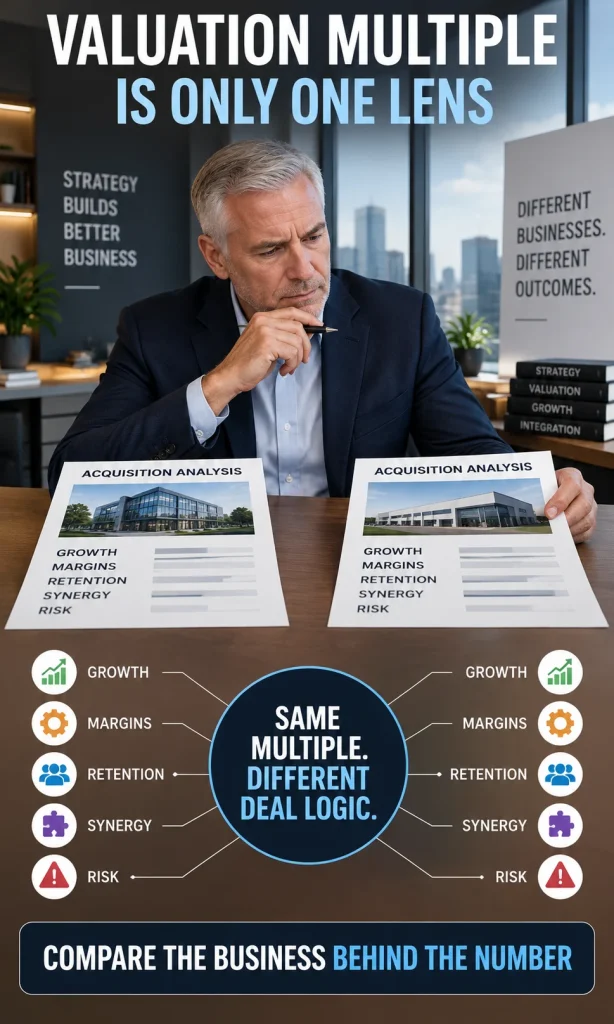 Executive comparing two acquisition targets to show that the same valuation multiple can hide different growth, margins, retention, synergy and risk