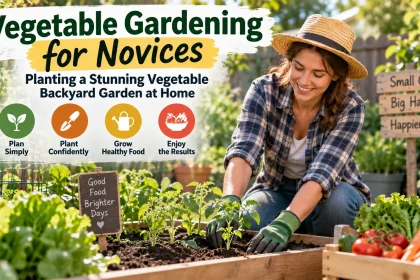 Beginner gardener planting vegetable seedlings in a sunny raised backyard bed with tomatoes, lettuce and harvested vegetables, alongside simple planning, planting, growing and harvesting cues.