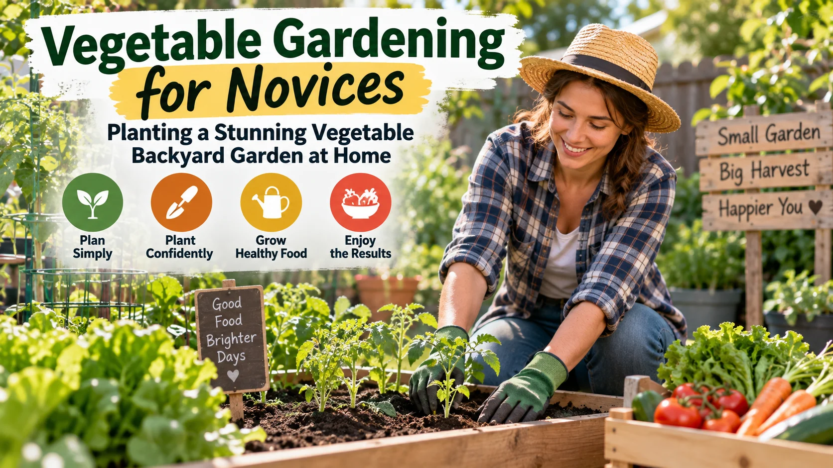 Beginner gardener planting vegetable seedlings in a sunny raised backyard bed with tomatoes, lettuce and harvested vegetables, alongside simple planning, planting, growing and harvesting cues.