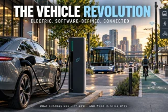 Electric mobility scene combining EV charging, connected vehicle systems and modern transport infrastructure to show the vehicle revolution as several technologies converging.