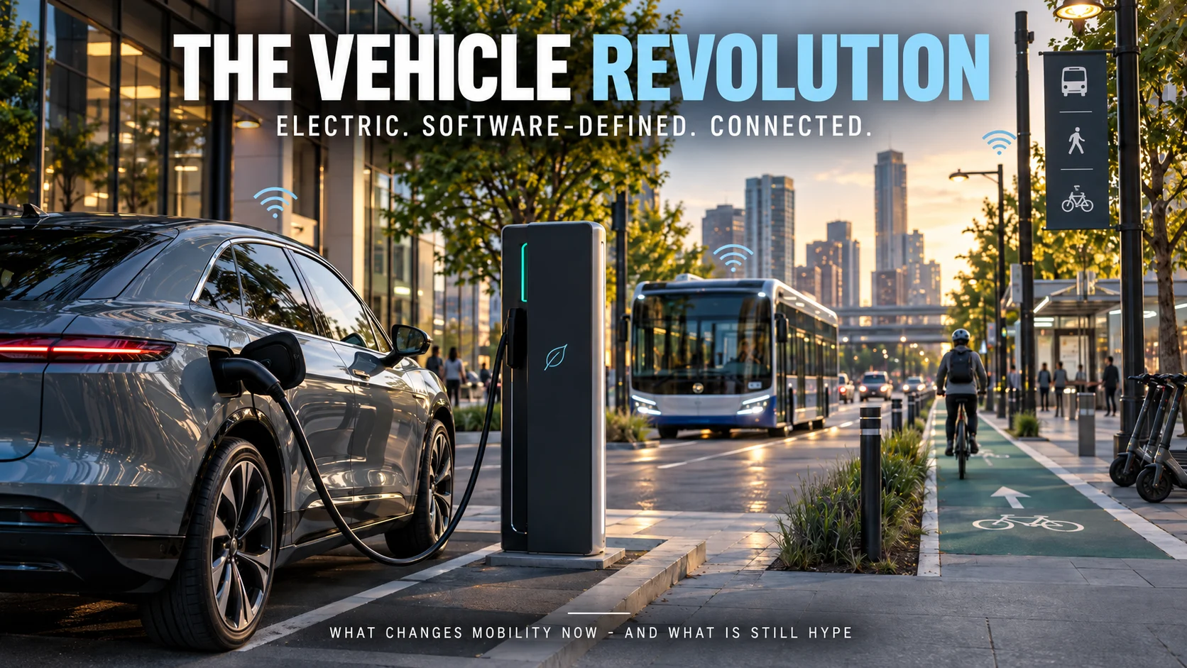 Electric mobility scene combining EV charging, connected vehicle systems and modern transport infrastructure to show the vehicle revolution as several technologies converging.