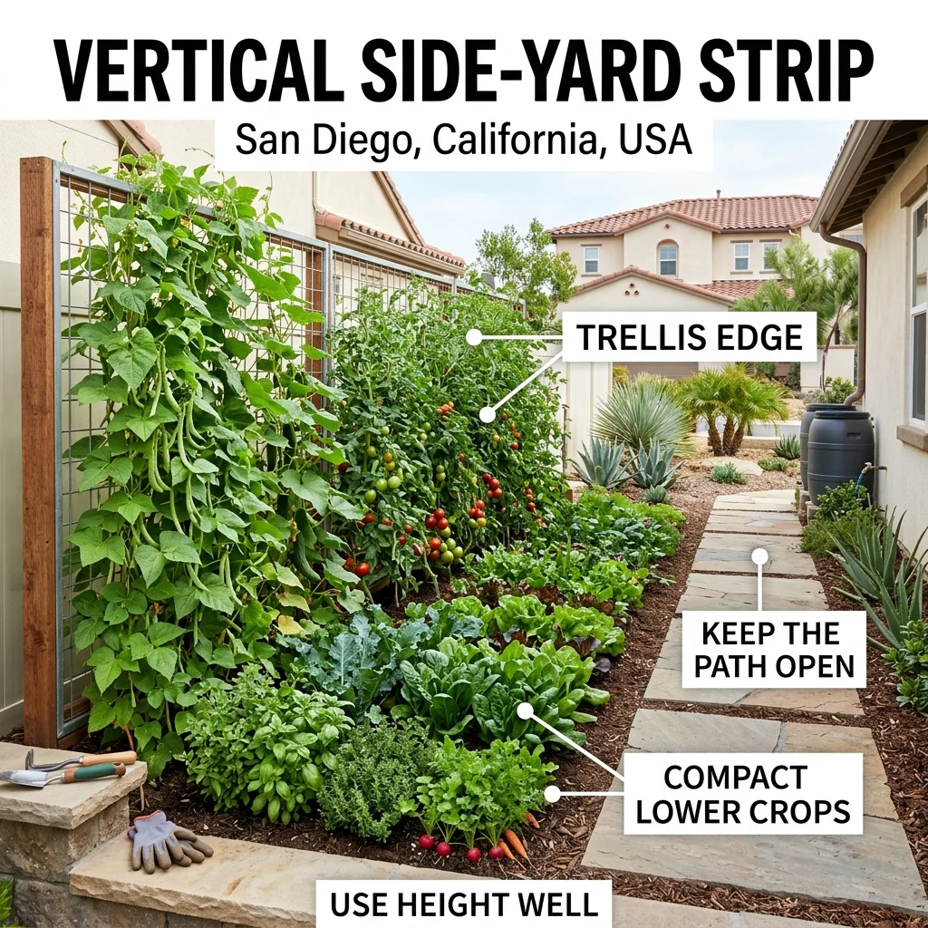 Vertical side-yard strip garden in San Diego, California, showing trellised crops along one side and compact crops below in a narrow sunny space.
