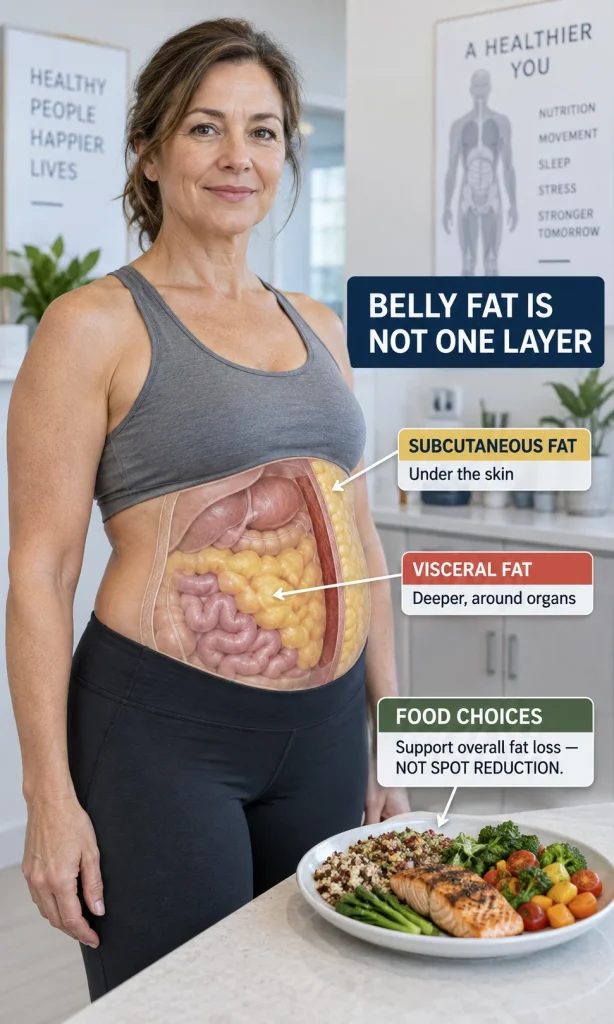 Educational cutaway of an adult abdomen showing subcutaneous fat under the skin and visceral fat around organs, with a food-pattern arrow indicating that diet supports overall fat loss rather than spot reduction.