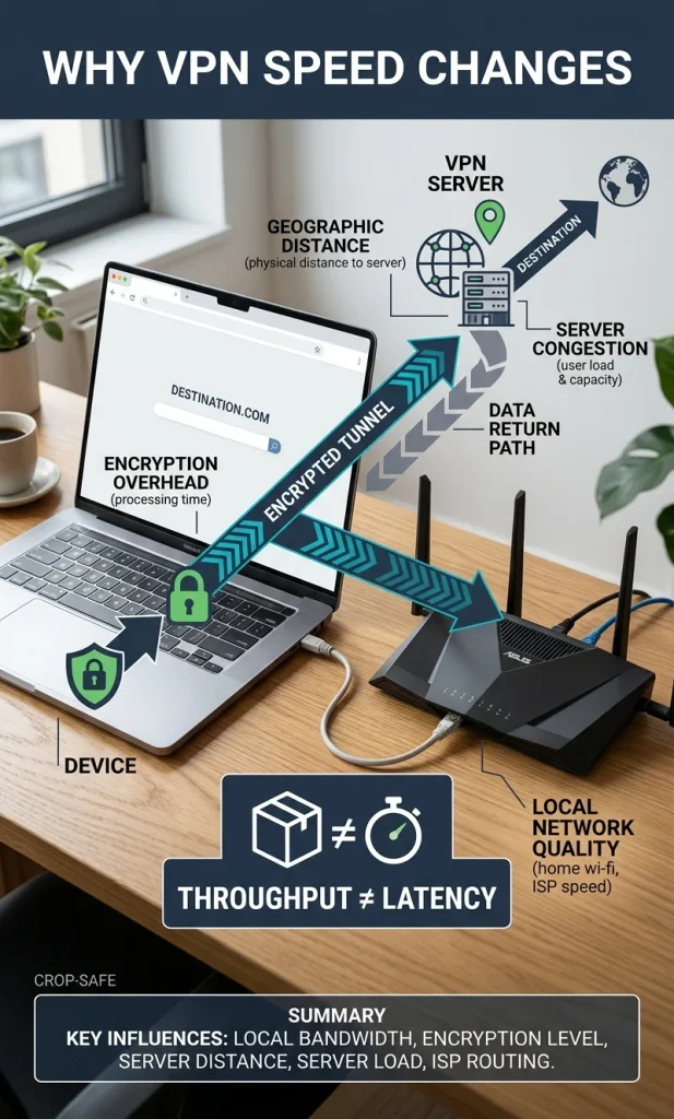 Technical route diagram over a realistic laptop workspace showing device to VPN server to destination, with throughput and latency labeled as different performance effects.