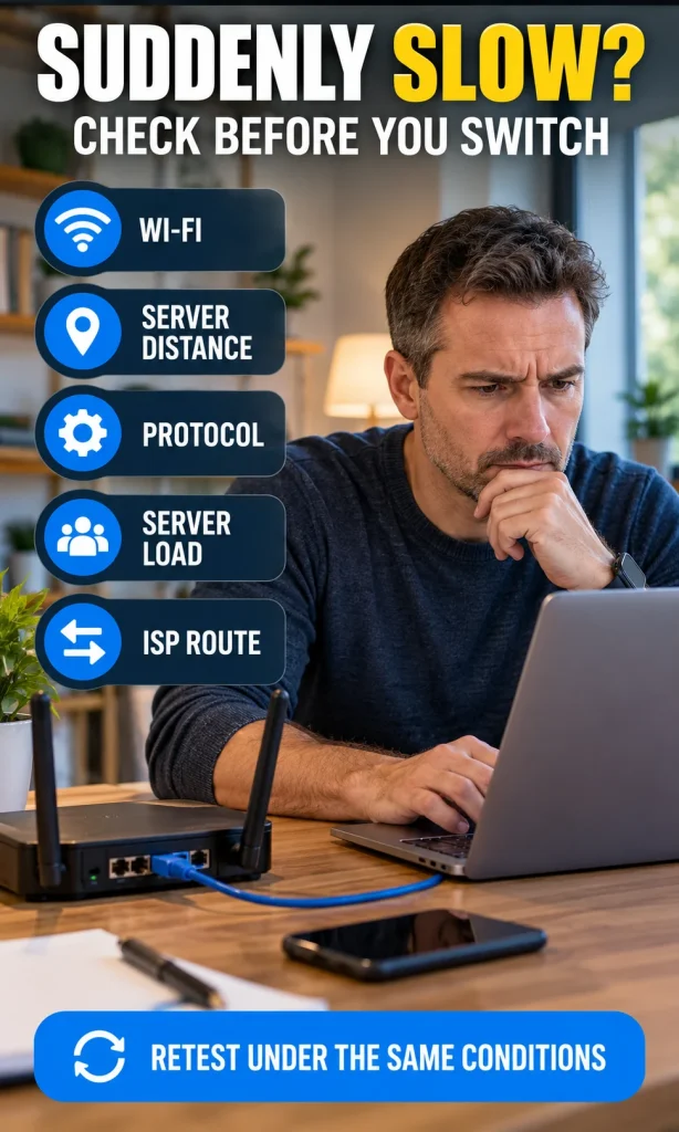 Man troubleshooting a slow VPN connection using checkpoints for Wi-Fi, server distance, protocol, server load and ISP route.