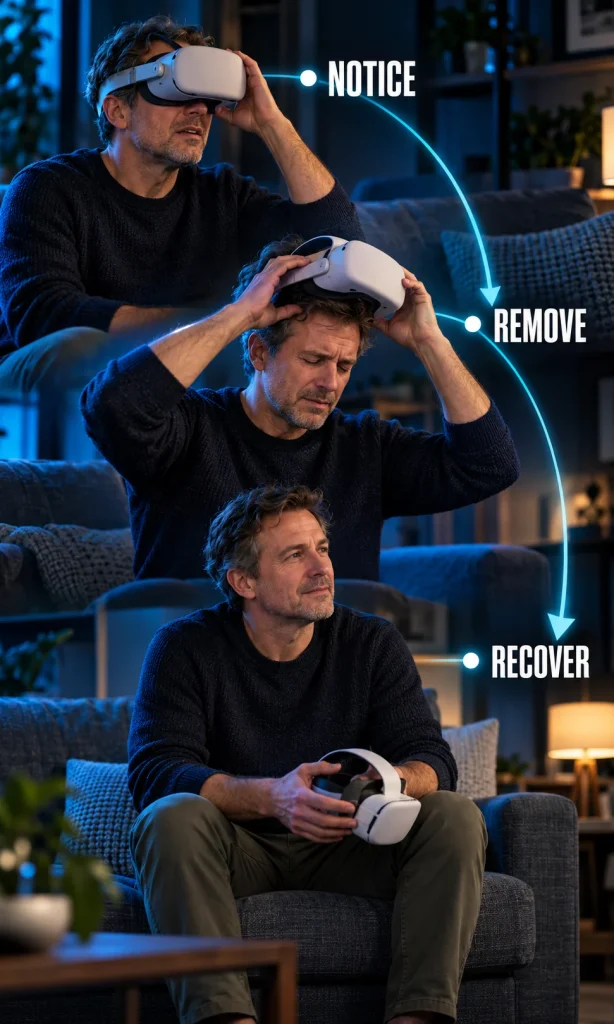 Person removes VR headset and pauses in a clear room when dizziness or eye discomfort begins.
