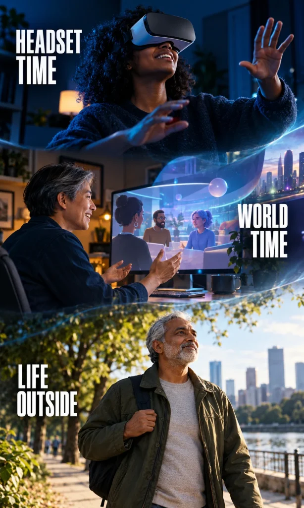 Three-part visual contrasts headset time, desktop participation, and ordinary activities outside a virtual world.