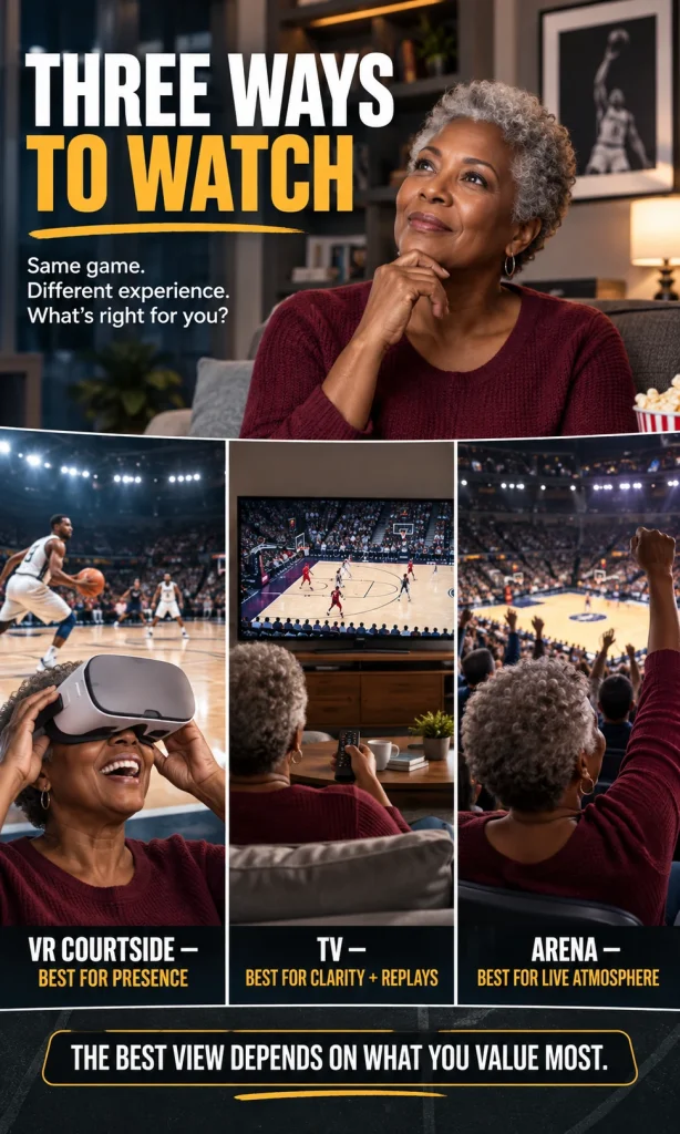 Older woman comparing three basketball viewing modes: VR courtside, television and a live arena.