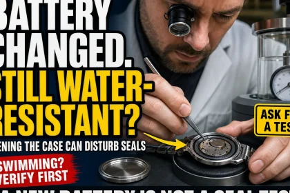 Watch technician inspecting an opened watch beside a pressure tester to show that battery replacement does not confirm water resistance.