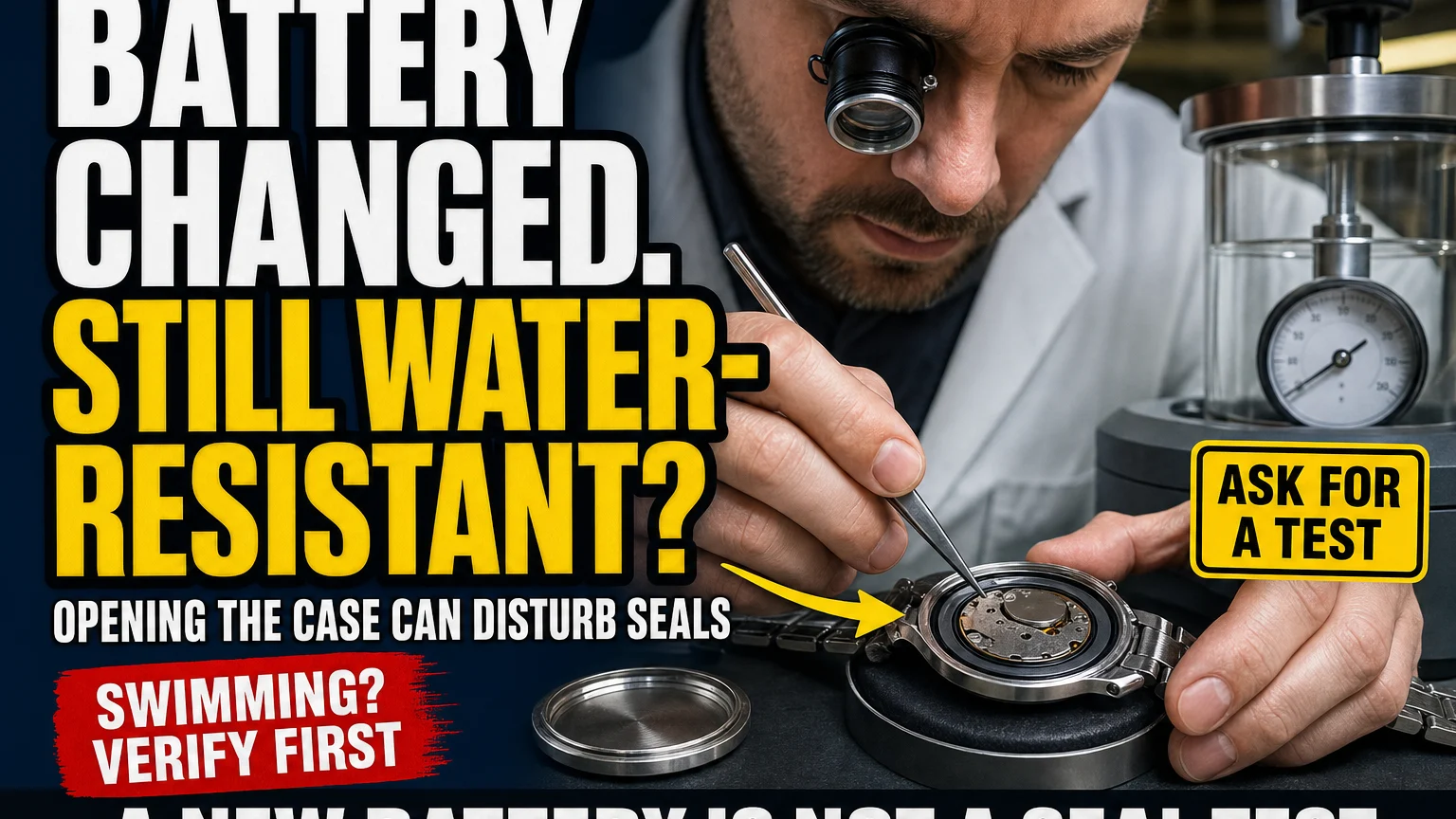 Watch technician inspecting an opened watch beside a pressure tester to show that battery replacement does not confirm water resistance.