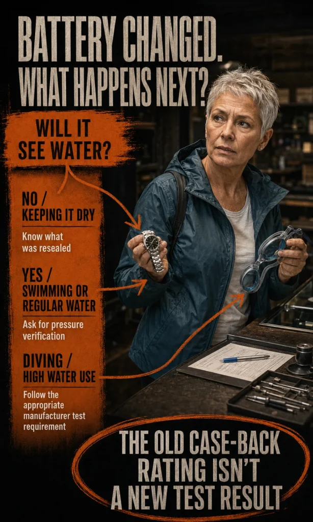 Watch owner using intended water exposure to decide whether gasket inspection and pressure testing are needed after a battery replacement.