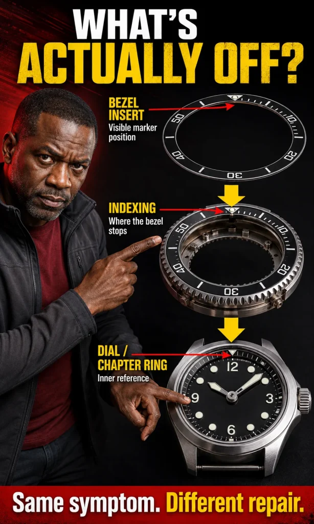 Exploded watch view showing the bezel insert, rotating bezel mechanism and dial reference as separate alignment layers.