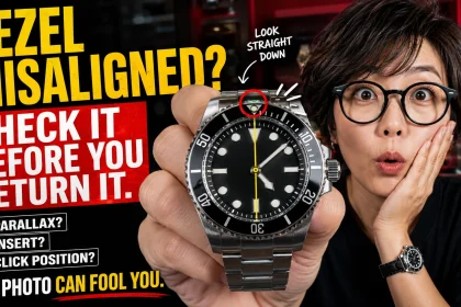 Woman comparing the zero marker of a rotating watch bezel with the 12 o'clock dial marker while alignment guides show the suspected offset.
