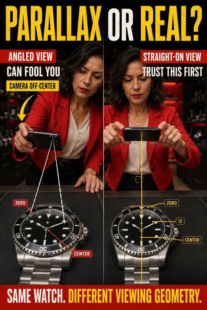 Side-by-side watch photos showing parallax from an angled camera compared with genuine bezel misalignment in a straight-on view.