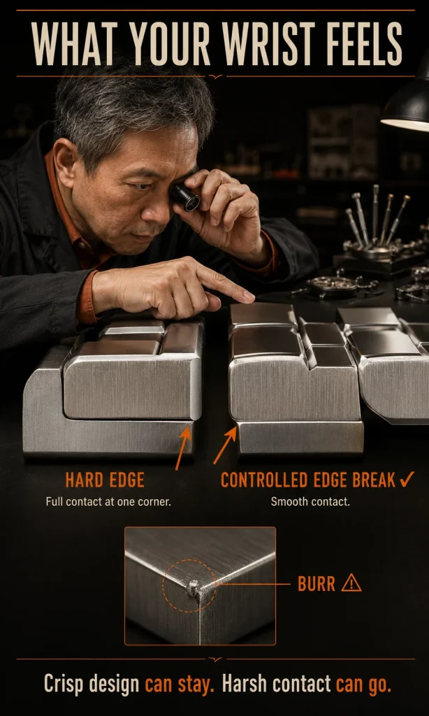 Technical bracelet-link comparison showing a hard 90-degree wrist-contact edge beside a properly softened edge while preserving the brushed surface.