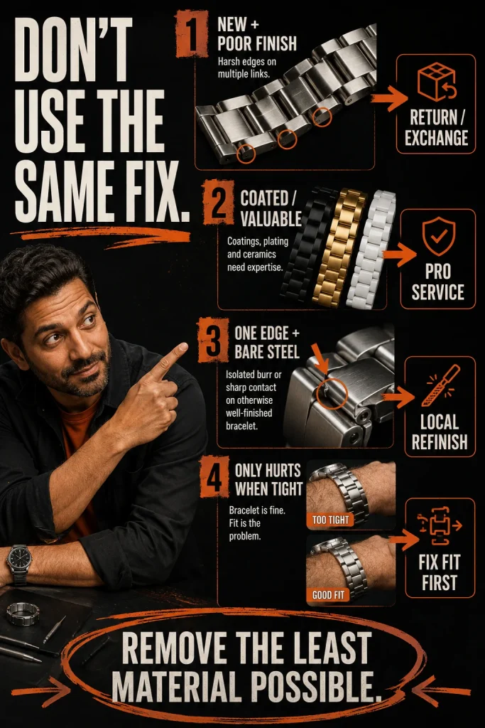 Decision guide showing when a sharp watch bracelet should be returned, professionally refinished, adjusted for fit or left unchanged.