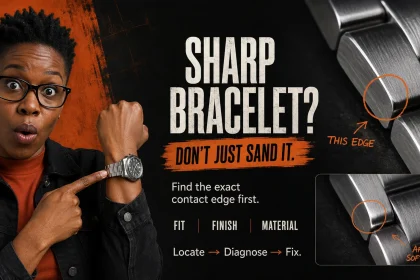 Woman pointing to a sharp underside corner on a metal watch bracelet with a magnified edge showing where it contacts the wrist.