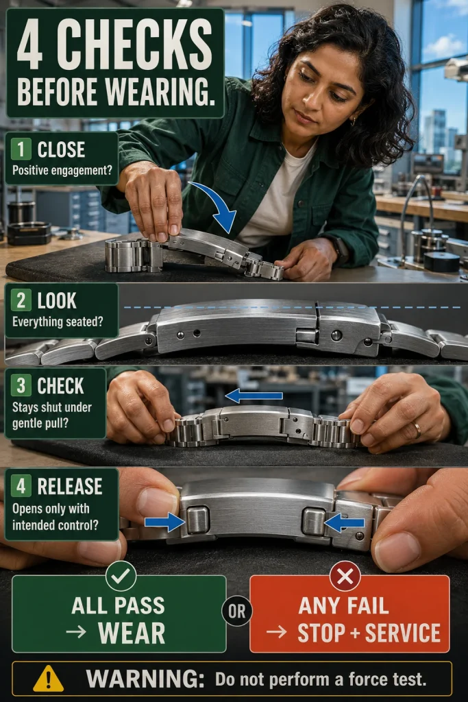 Woman performing a four-step off-wrist clasp security check with pass and stop-wearing decision cues.