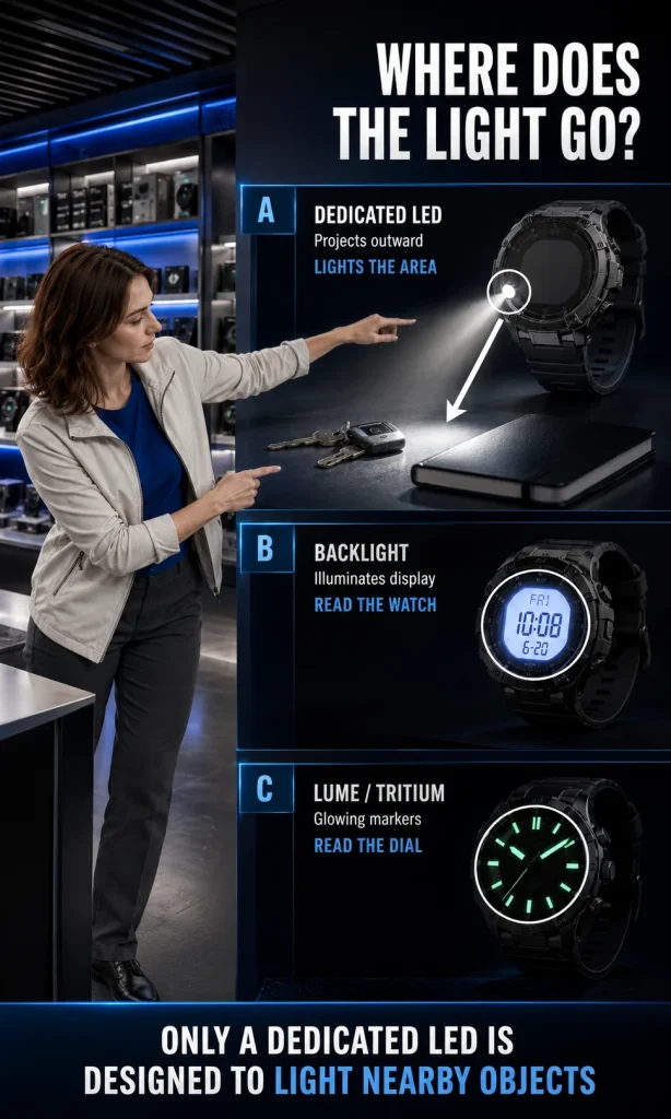 Technical comparison showing a case-mounted LED lighting an object, a screen backlight lighting only the display, and lume glowing on watch hands.